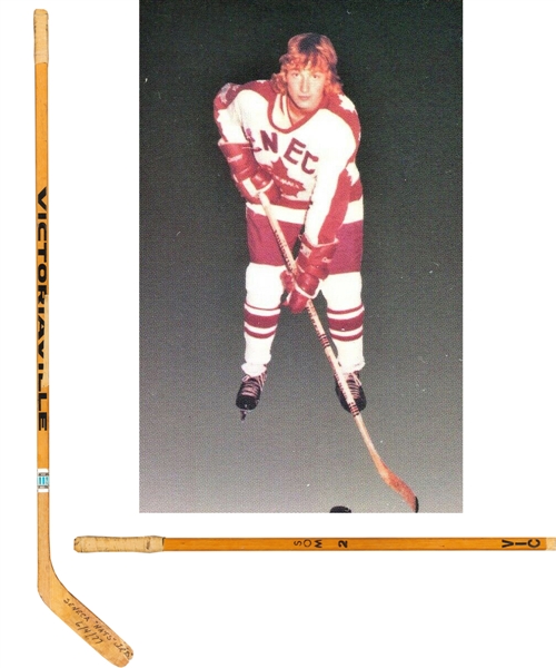 Wayne Gretzkys 1976-77 MJBHL Seneca Nationals Signed Victoriaville Game-Used Pre-NHL Stick with Shawn Chaulk LOA - Originally from Cornish Family Collection - 4-Goal Game Inscription!