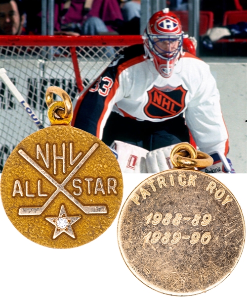 Patrick Roys 1989-90 NHL All-Star 10K Gold and Diamond Puck-Shaped Charm with His Signed LOA