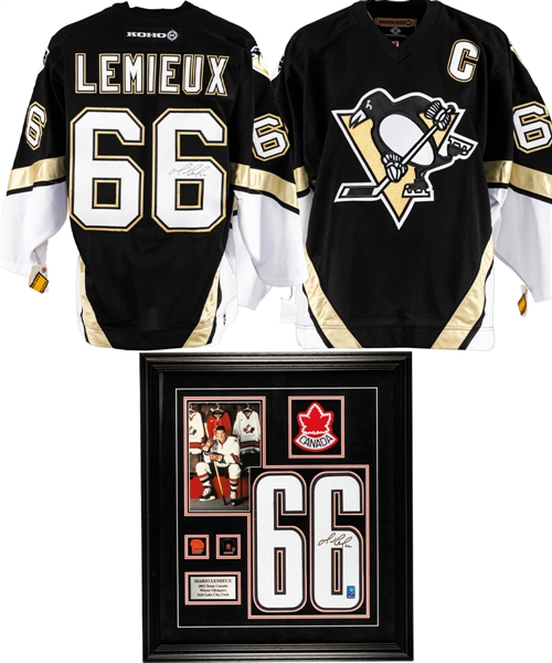 Mario Lemieux Signed Pittsburgh Penguins Captains Jersey with LOA and Signed 2002 Winter Olympics Team Canada Framed Jersey Numbers Display with COA