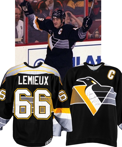 Mario Lemieuxs 1996-97 Pittsburgh Penguins Game-Issued Captains Jersey Traded to Jean Beliveau with Beliveaus Signed LOA