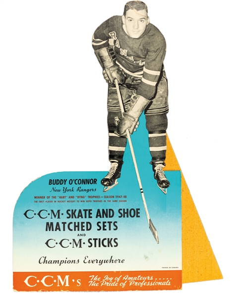 Scarce Buddy OConnor New York Rangers 1947-48 CCM Advertising Stand-Up Display (14" x 20") Plus 1933-34 New York Rangers CCM Brown Border Team Photo