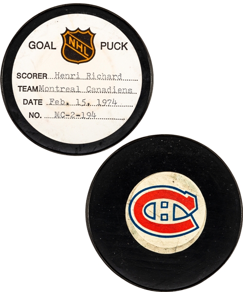 Henri Richards Montreal Canadiens February 15th 1974 Goal Puck from the NHL Goal Puck Program - Season Goal #11 of 19 / Career Goal #347 of 358