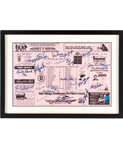 Boston Bruins May 10th 1970 Team-Signed Framed Limited-Edition Stanley Cup Line-Up Replica Sheet by 24 Including Orr #27/44 with COAs (15" x 21")