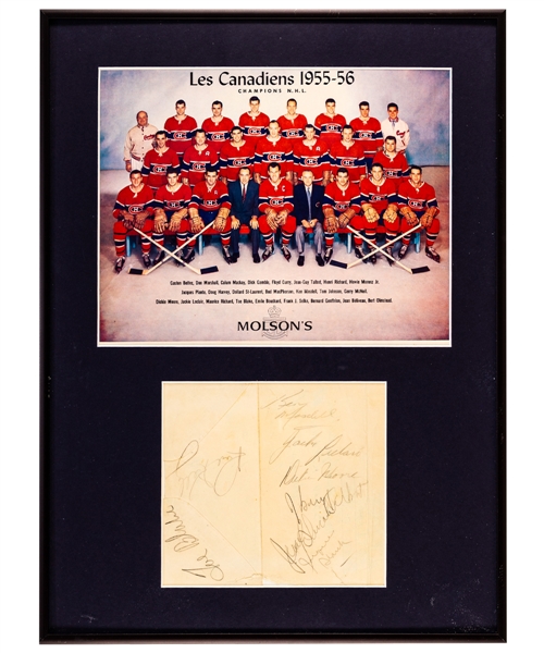 Montreal Canadiens 1955-56 Multi-Signed Framed Display Including Deceased HOFers Jacques Plante, Toe Blake, Dickie Moore and Jean Beliveau (12 ½” x 17”) 