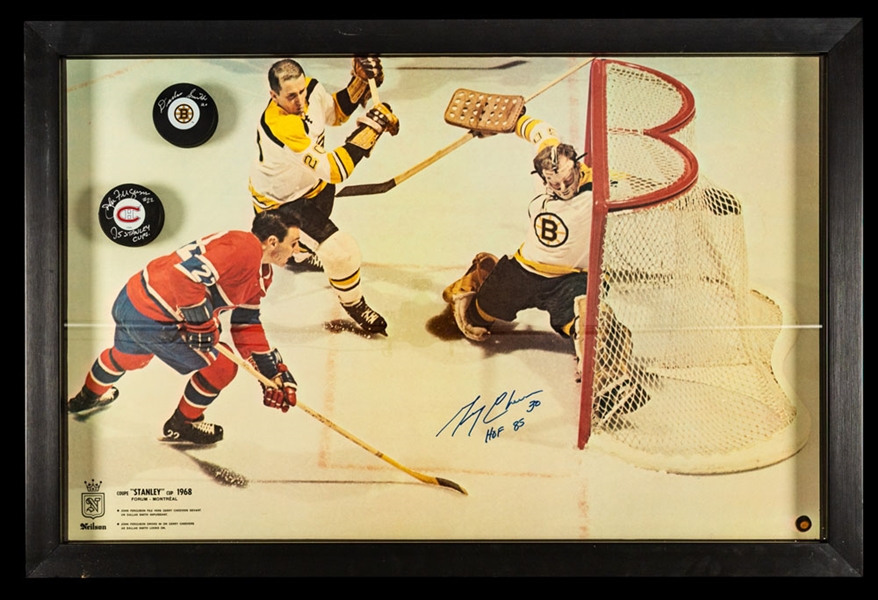 Montreal Canadiens and Boston Bruins 1968 Stanley Cup Playoffs Neilson Chocolate John Ferguson, Gerry Cheevers and Dallas Smith Multi-Signed Framed Display