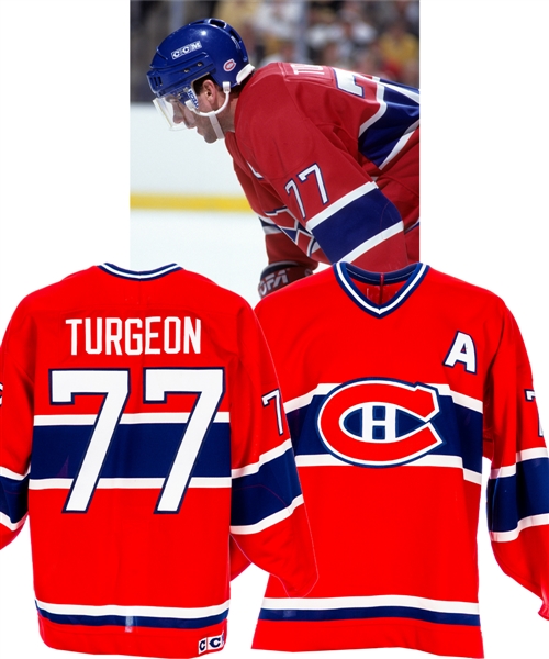 Pierre Turgeons 1995-96 Montreal Canadiens Game-Issued Alternate Captains Jersey Obtained from Team with LOA 