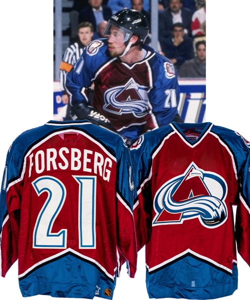 Peter Forsbergs 1996-97 Colorado Avalanche Game-Worn Stanley Cup Playoffs Jersey with LOAs - Team Repairs! - Photo-Matched!