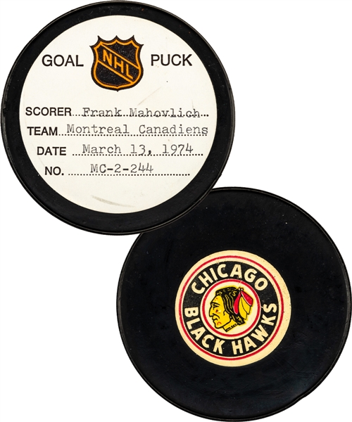 Frank Mahovlichs Montreal Canadiens March 13th 1974 Goal Puck from the NHL Goal Puck Program - Season Goal #23 of 31 / Career goal #525 of 533 - Unassisted Goal