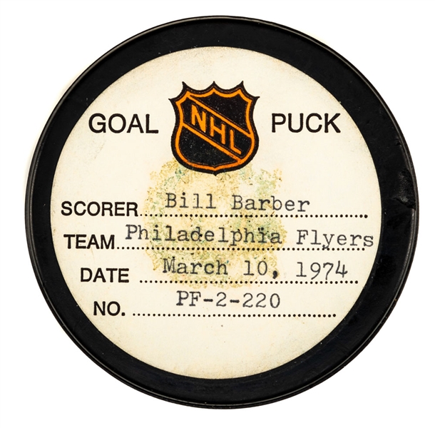 Bill Barbers Philadelphia Flyers March 10th 1974 Goal Puck from the NHL Goal Puck Program - Season Goal #24 of 34 / Career Goal #54 of 420