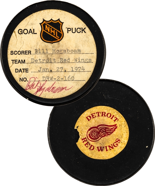 Bill Hogaboams Detroit Red Wings January 27th 1974 Signed Goal Puck from the NHL Goal Puck Program - Season Goal #8 of 18 / Career Goal #9 of 80  