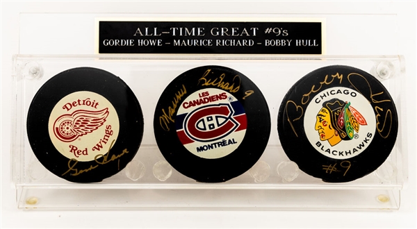 Gordie Howe, Maurice Richard and Bobby Hull "All-Time Great #9s" Single-Signed Pucks Display