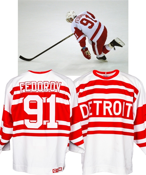 Sergei Fedorovs 1993-94 Detroit Red Wings "Turn Back the Clock" Game-Worn Jersey - 56 Goals/120 Points Season! - Hart Memorial, Frank J. Selke and Lester B. Pearson Season! - Photo-Matched!