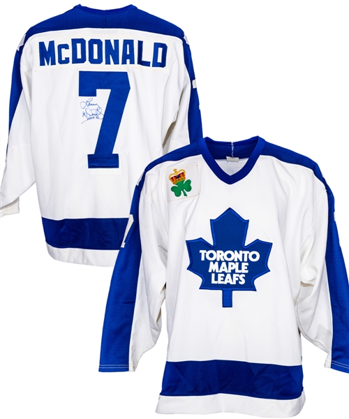 Lanny McDonalds 1990s Toronto Maple Leafs Signed Oldtimers Game-Worn Jersey with King Clancy Memorial Patch from His Personal Collection with His Signed LOA 