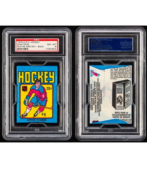 1979-80 O-Pee-Chee Hockey Unopened Wax Pack (17357824) - Graded PSA 8 - Wayne Gretzky Rookie Card Showing on Back! - Only 8 Such Packs Certified by PSA
