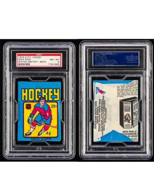 1979-80 O-Pee-Chee Hockey Unopened Wax Pack (17241665) - Graded PSA 8 - Wayne Gretzky Rookie Card Showing on Back! - Only 8 Such Packs Certified by PSA