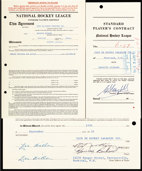 Maurice "Rocket" Richards 1953-54 Montreal Canadiens NHL Contract Signed by Deceased HOFers Richard, Northey and Campbell 