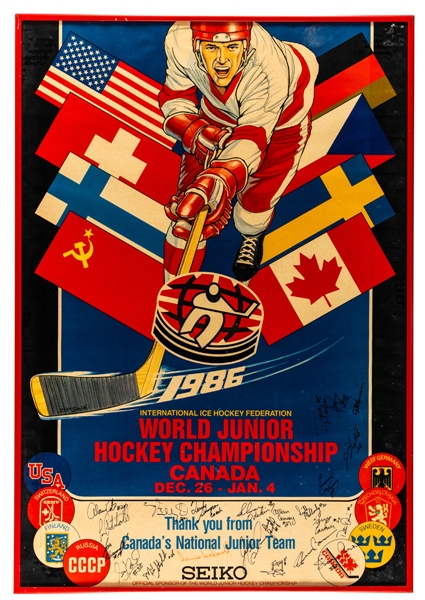Team Canada 1986 World Junior Hockey Championships Poster Team-Signed by 23 Including Robitaille, Nieuwendyk, Mellanby, Corson, Murphy and Others (16 ½” x 24”) 