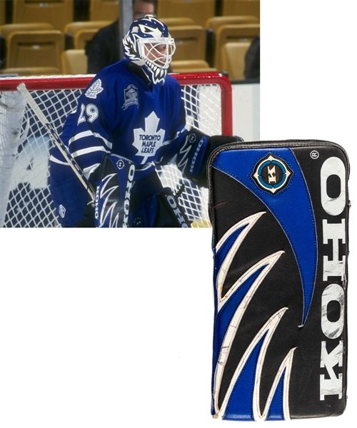 Felix Potvins 1998-99 Toronto Maple Leafs Koho Game-Worn Blocker from His Personal Collection with His Signed LOA - Photo-Matched to His Last Game with the Maple Leafs!