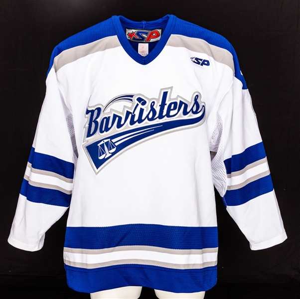 Demain des Hommes 2018 French-Language TV Series-Worn "Barristers Hockey Team" Road (White) Jersey (25) and Uniform Sock (23) Group 