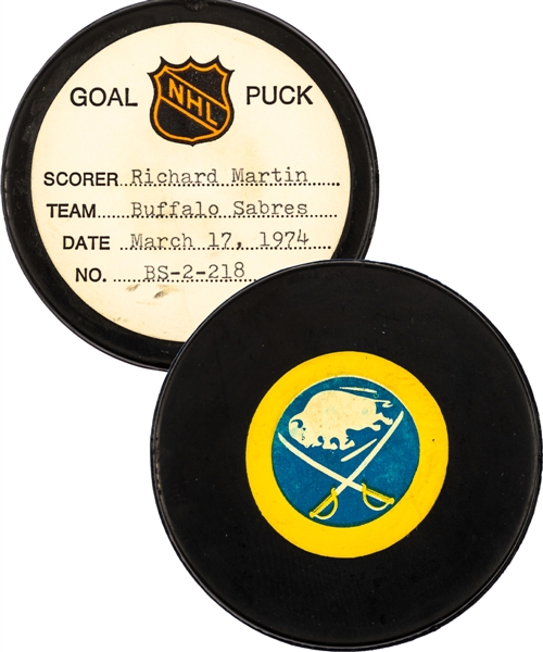 Richard Martin’s Buffalo Sabres March 17th 1974 Goal Puck from the NHL Goal Puck Program - Season Goal #46 of 52 / Career Goal #127 of 384 - 3rd Goal of Hat Trick