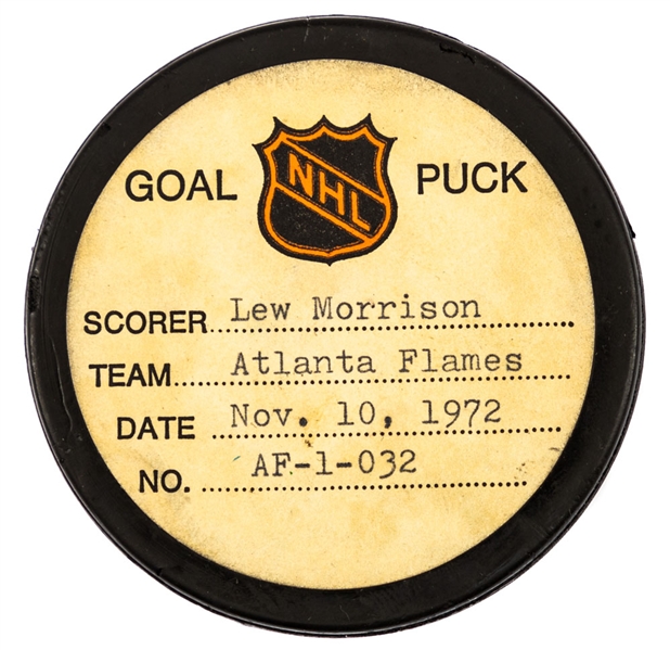 Lew Morrison’s Atlanta Flames November 10th 1972 Goal Puck from the NHL Goal Puck Program - Season Goal #4 of 6 / Career Goal #23 of 39 - Game-Winning Goal