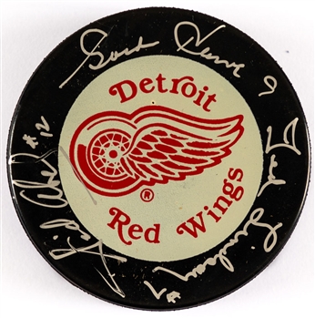 Detroit Red Wings Puck Signed by Deceased Production Line Members Howe Abel and Lindsay 