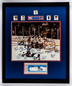 1980 US Olympic Team "Miracle on Ice" Team-Signed Photo Display with February 22nd Full Ticket Graded Authentic by PSA (USA vs Russia) - JSA COA (27" x 32 1/2") 
