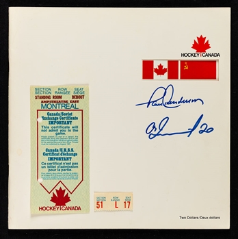 1972 Canada-Russia Series Game #1 Montreal Forum Ticket Stub and Exchange Certificate Plus Official Program Signed by Henderson and Tretiak