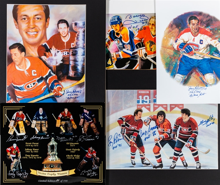 Vezina Trophy Winners Multi-Signed Limited Edition 24/100 Photo (11" x 14") Plus Photo/Prints (3) Signed by 5 HOFers including Beliveau and Hull with LOA
