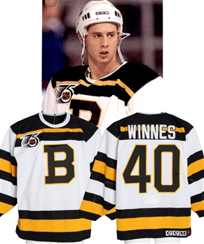 Chris Winnes 1991-92 Boston Bruins "TBTC" Game-Worn Jersey - 75th Anniversary Patch! - Team Repairs!
