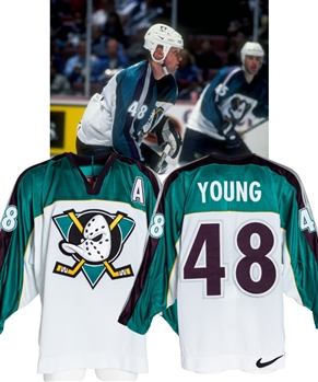 Scott Youngs 1997-98 Anaheim Mighty Ducks Game-Worn Alternate Captains Third Jersey with Team LOA 