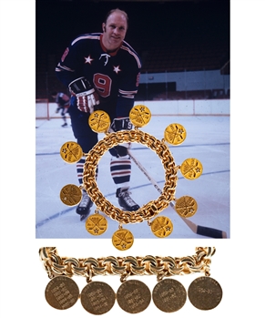 Bobby Hulls 1959-60 to 1971-72 NHL All-Star Game Commemorative 10K Gold and Diamond Puck-Shaped Charms (10) on Bracelet with Family LOA
