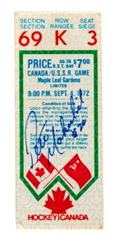 1972 Canada-Russia Series Game 2 Ticket Stub from Maple Leaf Gardens - Ticket Signed by Peter Mahovlich Who Scored the 3-1 Short-Handed Goal for Canada!