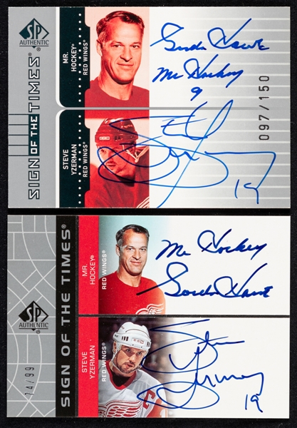 2001-02 SP Authentic Sign of the Times Dual-Signed Hockey Card #HY Gordie Howe / Steve Yzerman (097/150) and 2002-03 Sign of the Times Dual-Signed Hockey Card #HY Gordie Howe / Steve Yzerman (74/99) 