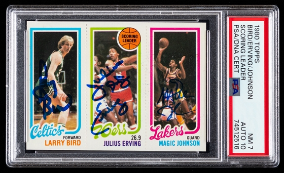 1980-81 Topps Basketball Scoring Leader Triple-Signed Card Larry Bird Rookie/Julius Erving/Magic Johnson Rookie - Card Graded PSA 7 - PSA/DNA Certified Autos Graded 10