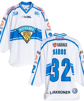 Juuse Saros 2014-15 Team Finland World Championship Pre-Tournament Game-Worn Jersey with Finnish Ice Hockey Association COA