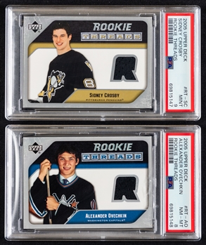 Alexander Ovechkin 2005-06 UD Rookie Threads Hockey Card #RT-AO (PSA 8) and Sidney Crosby 2005-06 UD Rookie Threads Hockey Card #RT-SC (PSA 9)