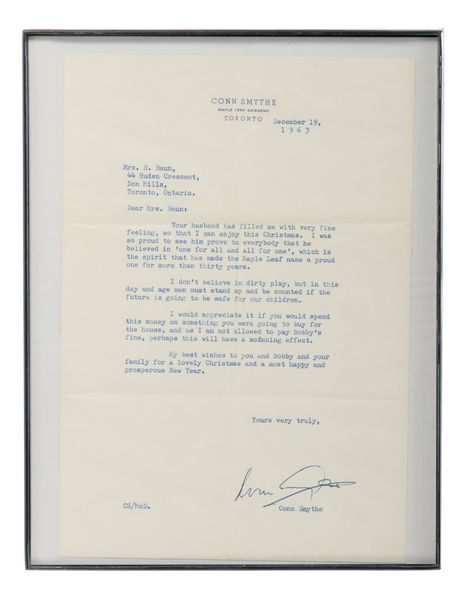Deceased HOFer Conn Smythe (Toronto Maple Leafs) Signed 1963 Typed Letter on Personal Letterhead for Mrs. Bobby Baun From Bauns Personal Collection with His Signed LOA