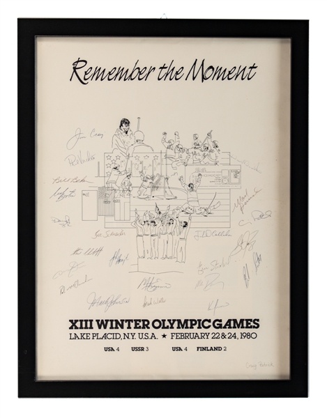 Team USA 1980 Olympic Team "Remember The Moment" Team-Signed Framed Poster Including Herb Brooks, Jim Craig and Mike Eruzione (20" x 26")