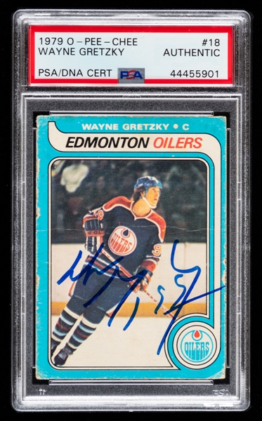1979-80 O-Pee-Chee Hockey #18 HOFer Wayne Gretzky Signed Rookie Card (Card Graded PSA Authentic - PSA/DNA Certified Auto)
