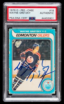 1979-80 O-Pee-Chee Hockey #18 HOFer Wayne Gretzky Signed Rookie Card (Card Graded PSA Authentic - PSA/DNA Certified Auto)
