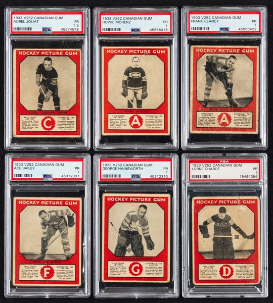 1933-34 Canadian Chewing Gum V252 Hockey PSA-Graded Complete 50-Card Set - Includes Numerous HOFers Inc. Morenz, Joliat, Clancy, Hainsworth RC, L. Conacher RC, Bailey RC, C. Conacher RC and Many More