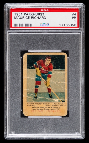 1951-52 Parkhurst Hockey Card #4 HOFer Maurice Richard Rookie - Graded PSA 1