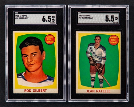 1961-62 Topps Hockey Card #62 HOFer Rod Gilbert Rookie (Graded SGC 6.5) and 1961-62 Topps Hockey Card #60 HOFer Jean Ratelle Rookie (Graded SGC 5.5)