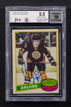 1980-81 O-Pee-Chee Signed Hockey Card #140 HOFer Ray Bourque Rookie (Card Graded Beckett EX+ 5.5) (JSA/Beckett Certified Authentic Autograph - Autograph Graded 10)