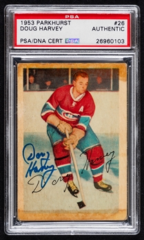 1953-54 Parkhurst Signed Hockey Card #26 Deceased HOFer Doug Harvey (PSA/DNA Certified Authentic Autograph) 