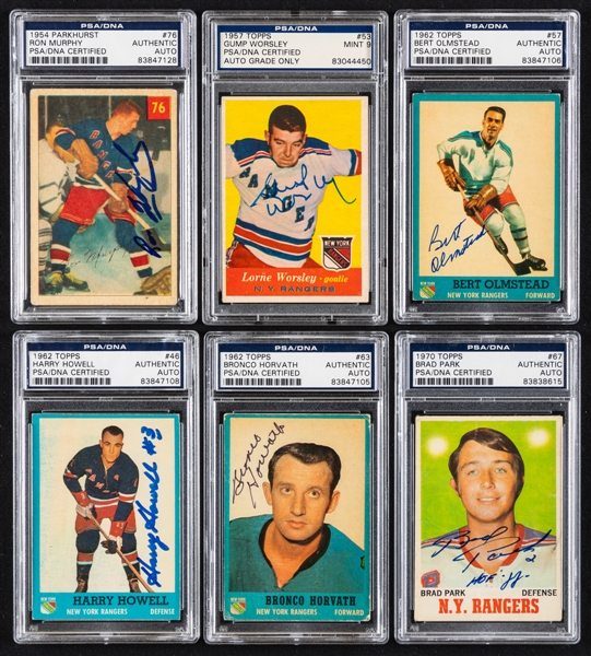 1957-58 to 1970-71 Topps and Parkhurst Signed New York Rangers Hockey Cards (6) Including HOFers Worsley, Park (RC), Howell and Olmstead (PSA/DNA Certified Authentic Autographs)