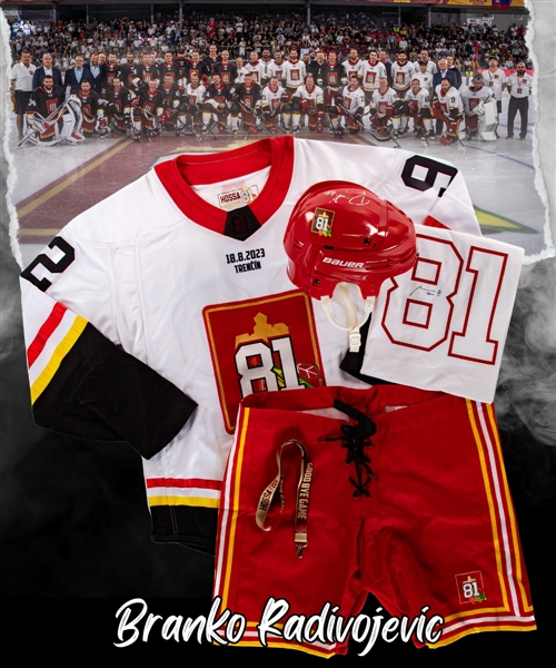 Branko Radivojevics Team White 2023 Marian Hossa "Goodbye Game" Signed Game-Issued Jersey and Game-Worn Bauer Helmet Plus Pant Shells and Additional Items