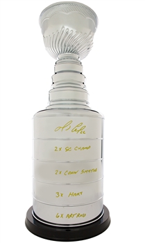 Mario Lemieux Pittsburgh Penguins Signed Stanley Cup Replica with Sign On Sports COA (25") -  Numerous Annotations!