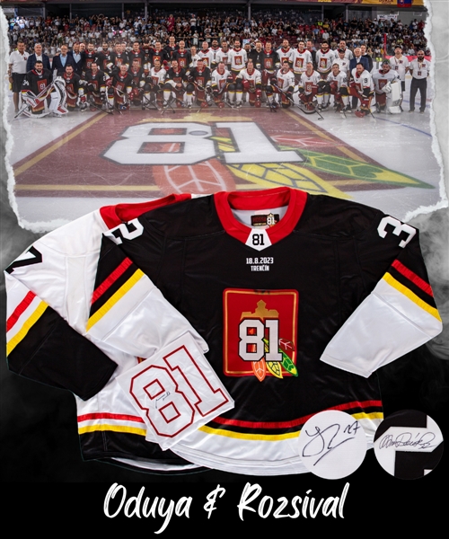 Michal Rozsival’s Team Black and Johnny Oduya’s Team White 2023 Marian Hossa "Goodbye Game" Signed Game-Issued Jerseys Plus Marian Hossa Signed T-Shirt